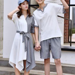 Couple Matching Short-sleeve T-shirt / Short-sleeve Striped Panel Shirtdress / Striped Shorts / Set