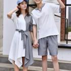 Couple Matching Short-sleeve T-shirt / Short-sleeve Striped Panel Shirtdress / Striped Shorts / Set
