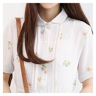 Short-sleeve Floral Stripe Shirtdress