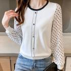 Mock Two-piece Patterned Chiffon Panel Button-up Knit Top