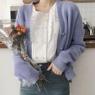 Long-sleeve Knit Cropped Cardigan Purple - One Size