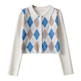 Collared Cropped Argyle Cardigan