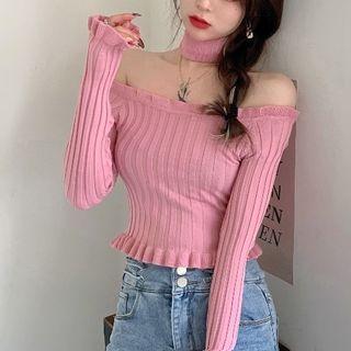 Halter Off-shoulder Knit T-shirt