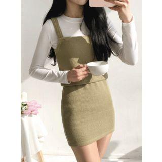 Set: Square-neck Sleeveless Top + Band-waist Mini Skirt