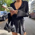 V-neck Drawstring Waist Mini Dress