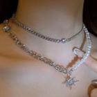 Set : Star Pendant Pearl Necklace + Choker Set - Silver - One Size