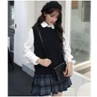 Plain Shirt / Cable Knit Vest / Plaid Mini Pleated Skirt