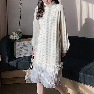 Chiffon Panel Pointelle Long-sleeve Midi Knit Dress