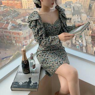 Long-sleeve Ruffle Trim Floral Print Dress