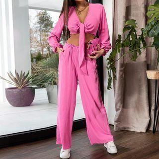 Set: V-neck Cropped Blouse + Wide Leg Pants