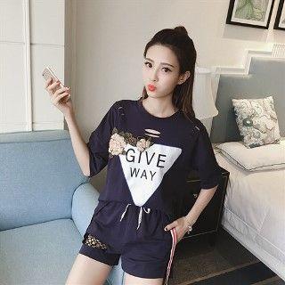 Set: Elbow-sleeve Applique Ripped Top + Drawstring Shorts