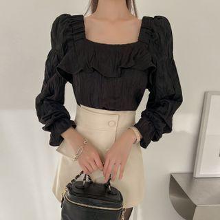 Square-neck Frill-trim Crinkled Blouse
