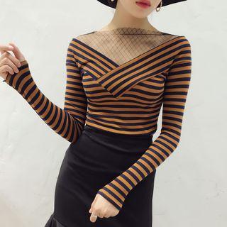 Mesh Panel Stripe Long-sleeve T-shirt