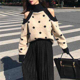 Long-sleeve Off-shoulder Halter Polka Dot Sweater / High-waist Pleated Skirt