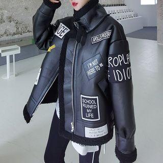 Lettering Faux Leather Zip-up Jacket Black - One Size