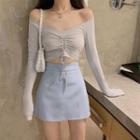 Long-sleeve Drawstring Cropped T-shirt / Rhinestone Mini A-line Skirt