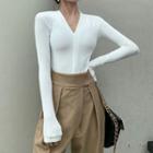 Long-sleeve V-neck Plain Elastic Slim Fit Top
