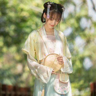 Hanfu Set: Long-sleeve Top + Light Jacket + Elbow-sleeve Top + Maxi Skirt