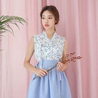 Sleeveless Midi Skirt Hanbok Set (floral / Sky Blue)