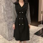Mock Two-piece Long-sleeve Double Breasted A-line Dress