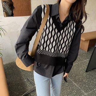 Set: Plain Shirt + V-neck Print Knit Vest