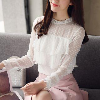 Dotted Ruffle Trim Long-sleeve Top