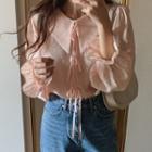 Long-sleeve Bow Plain Blouse Pink - One Size