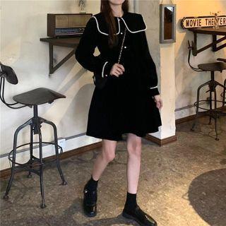 Long-sleeve Contrast Trim Dress Black - One Size