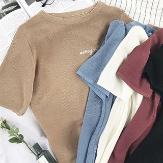 Lettering Embroidered Short-sleeve Knit Top