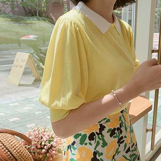 Collar-detail Puff-sleeve Knit Top
