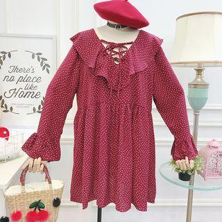 Long-sleeve Dotted Mini Chiffon Dress