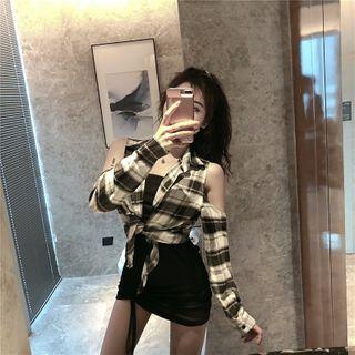 Cold Shoulder Plaid Shirt Jacket - Plaid - Black & White - One Size / Dress - Black - One Size