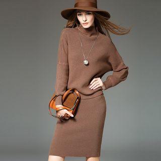 Set: Mock-neck Knit Top + Knit Skirt
