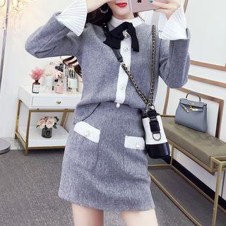 Set: Contrast Trim Faux Pearl Pullover + Mini A-line Skirt