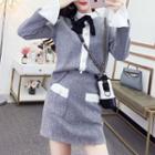 Set: Contrast Trim Faux Pearl Pullover + Mini A-line Skirt