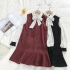 Set: Color-block Polka Dot Lace-up Blouse + Ruffled-trim Sleeveless Dress