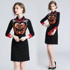 Long-sleeve Collared Embroidered Mini A-line Dress