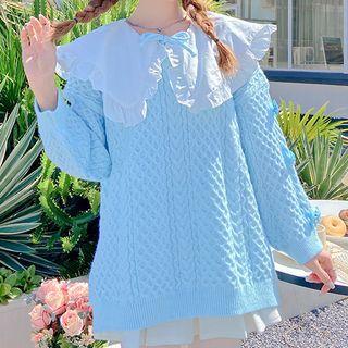 Sailor Collar Cable Knit Sweater Light Blue - One Size