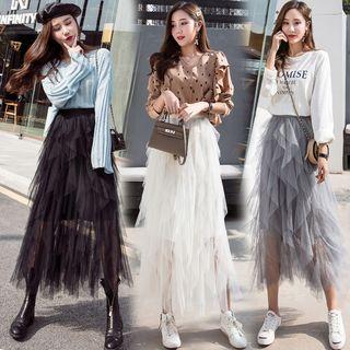 Asymmetric Midi A-line Layered Mesh Skirt
