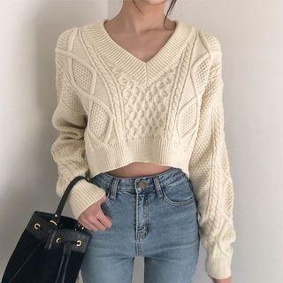 Bow Back Cropped Sweater / Patterned Fringed Trim Mini Pencil Skirt
