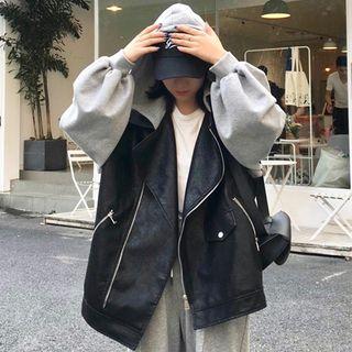 Hooded Faux Leather Panel Jacket As Shown In Figure - One Size