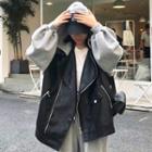 Hooded Faux Leather Panel Jacket As Shown In Figure - One Size