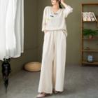 3/4-sleeve Traditional Chinese Top / Wide Leg Pants