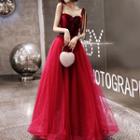 Tie-shoulder Rhinestone A-line Mesh Evening Gown