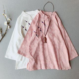 Mandarin Collar Long-sleeve Linen Top