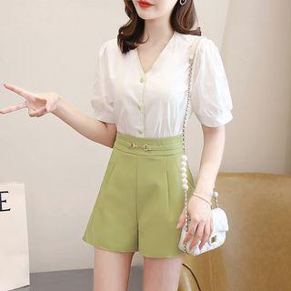 Short-sleeve V-neck Blouse / High Waist Shorts