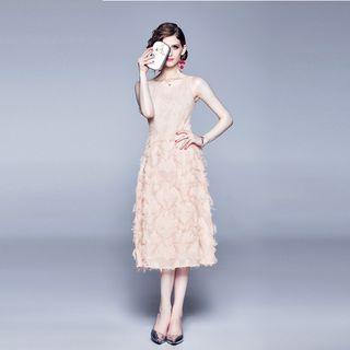 Sleeveless Lace Paneled Feathered A-line Dress