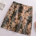 Camo Faux Leather A-line Skirt