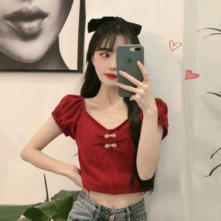 Puff-sleeve Buttoned Cropped Blouse