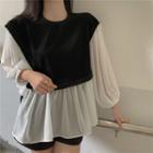 Mesh Panel Balloon-sleeve Peplum Blouse